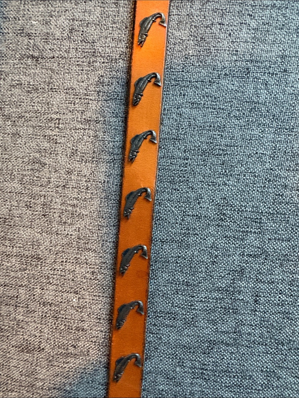 Hatband pewter trout on cognac leather. NWT